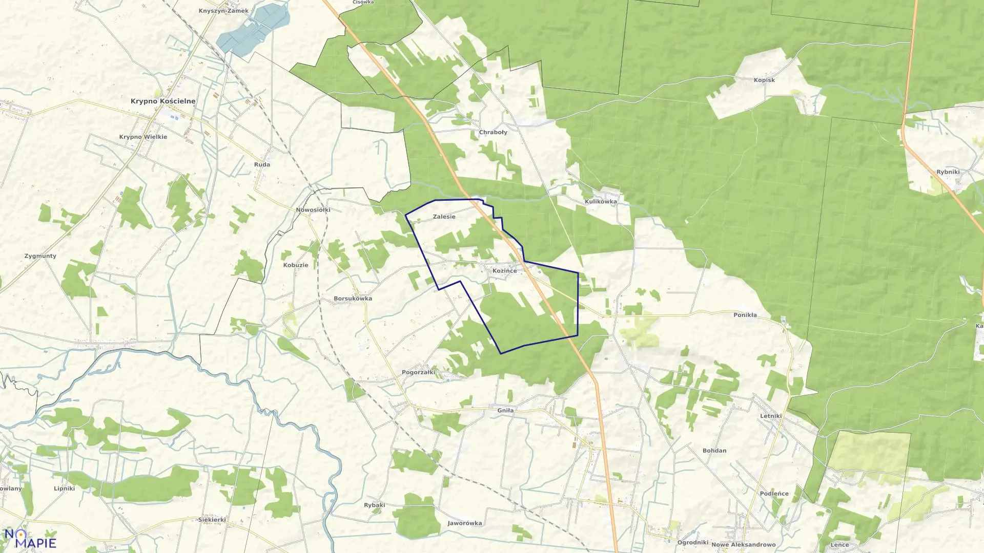 Mapa obrębu KOZIŃCE w gminie Dobrzyniewo Duże